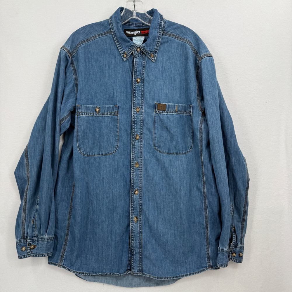 Wrangler Riggs Workwear Denim Shirt Mens Large L Blue Button Down 103W510AN